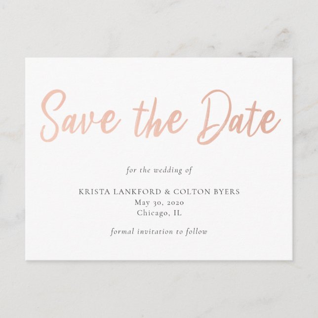 Rose Gold Faux Foil Save the Date Postcard (Front)