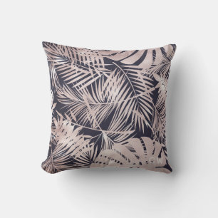 Rose gold faux foil tropical foliage monogram cushion