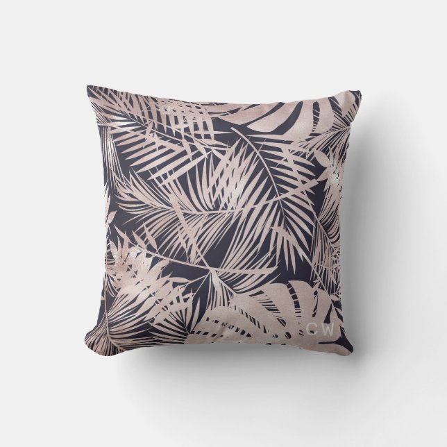 Rose gold faux foil tropical foliage monogram cushion (Front)