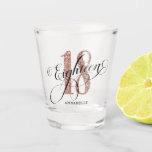 Rose Gold Faux Glitter 18th Birthday Shot Glass<br><div class="desc">Modern,  chic 18th birthday shot glass features number 18 in rose gold faux glitter texture,  calligraphy script eighteen. Personalise with a name. Perfect as a gift for 18th birthday.</div>