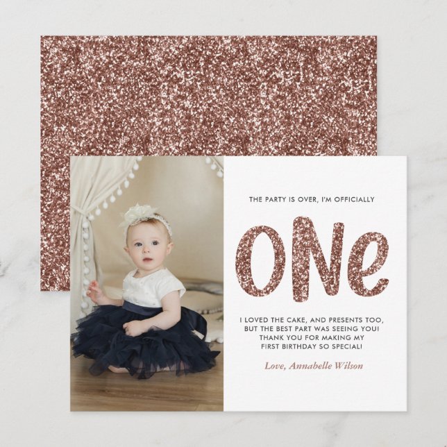 Rose Gold Faux Glitter 1st Birthday Thank You Post Postcard (Front/Back)