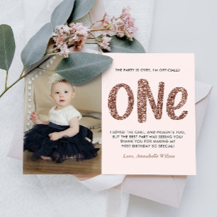 Rose Gold Faux Glitter 1st Birthday Thank You Postcard