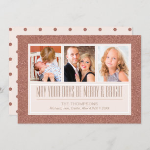 Rose Gold Faux Glitter   3 Photo Holiday Card