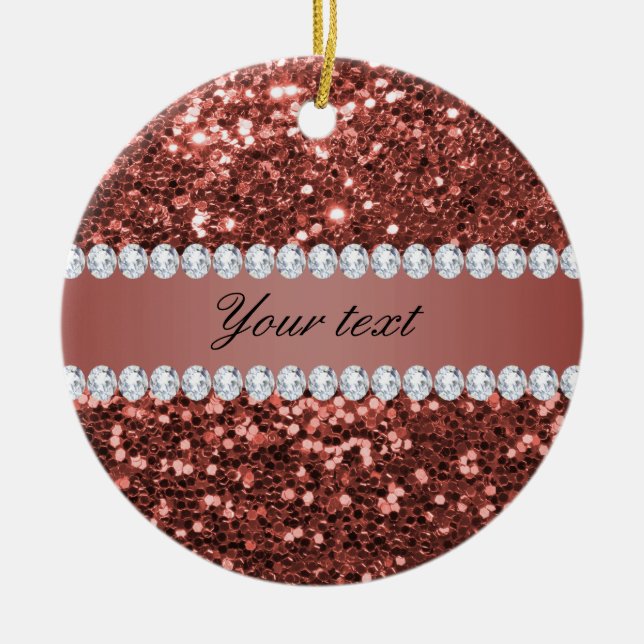 Rose Gold Faux Glitter and Diamonds Personalised Ceramic Tree Decoration (Front)