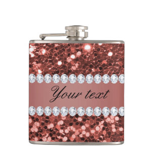 Rose Gold Faux Glitter and Diamonds Personalised Hip Flask