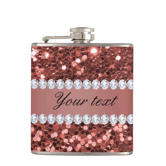 Rose Gold Faux Glitter and Diamonds Personalised Hip Flask (Front)
