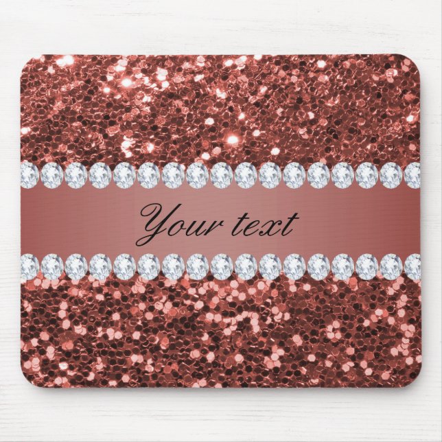 Rose Gold Faux Glitter and Diamonds Personalised Mouse Pad (Front)