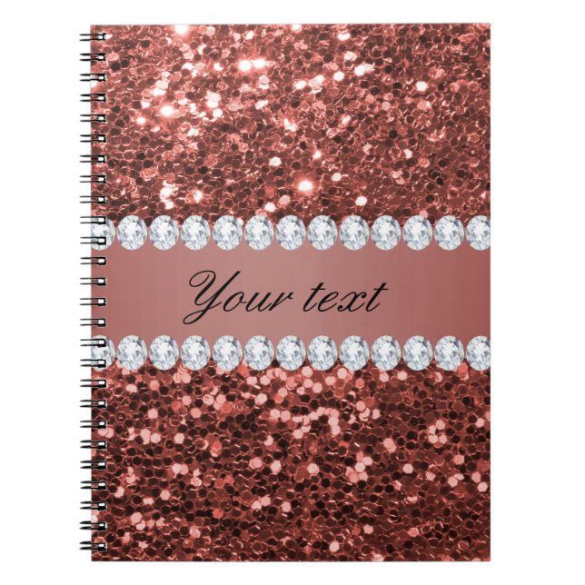 Rose Gold Faux Glitter and Diamonds Personalised Notebook (Front)