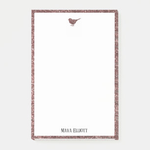 Rose Gold Faux Glitter Bird & Border on White Post-it Notes