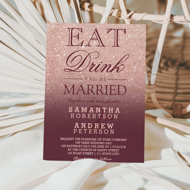 Rose gold faux glitter burgundy script wedding invitation (Creator Uploaded)