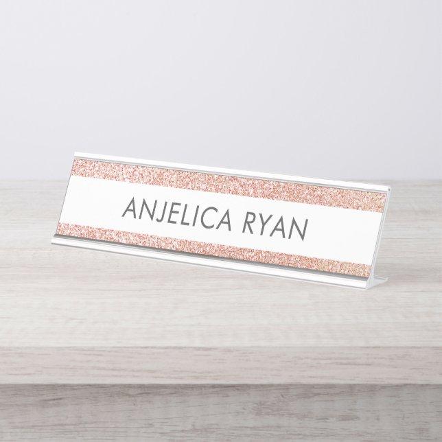 Rose Gold Faux Glitter Custom Name Desk Name Plate (Front)