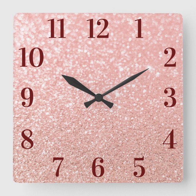 Rose Gold Faux Glitter Elegant Burgundy Numbers Square Wall Clock (Front)