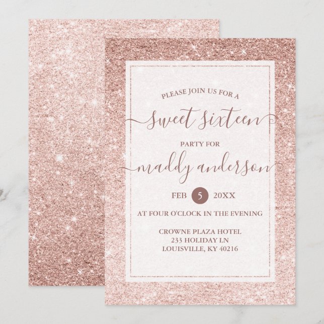 Rose Gold Faux Glitter Elegant Sweet 16 Birthday Invitation (Front/Back)