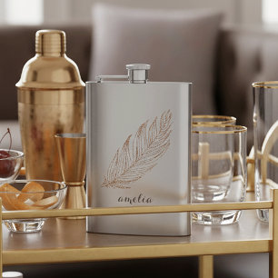Rose Gold Faux Glitter Feather Personalised Hip Flask
