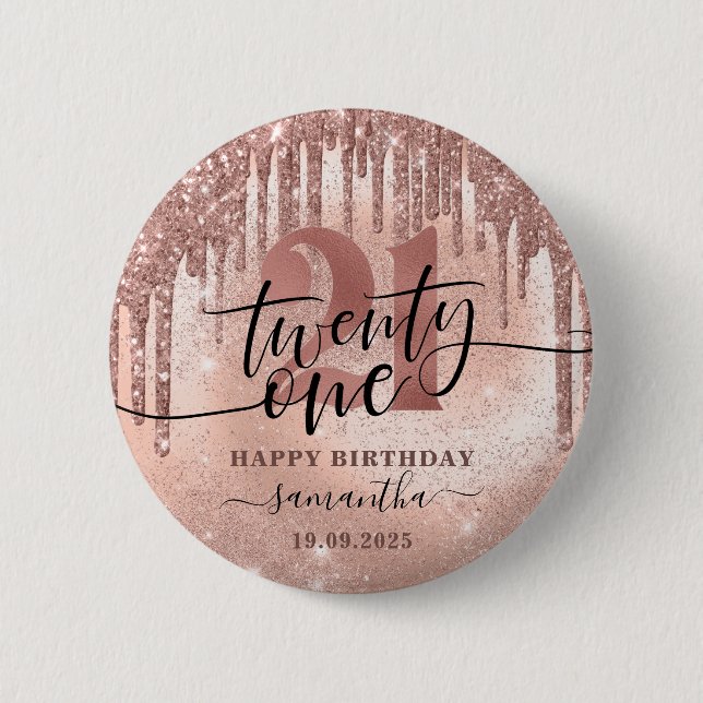 Rose Gold Faux Glitter & Foil 21st Birthday  6 Cm Round Badge (Front)
