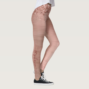 Rose Gold Faux-Glitter Girly Glam Monogram Leggings