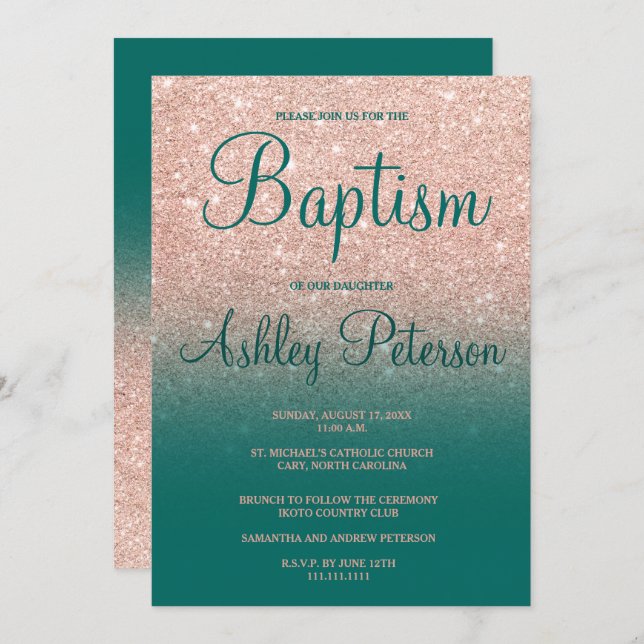 Rose gold faux glitter green ombre baptism invitation (Front/Back)