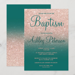 Rose gold faux glitter green ombre baptism invitation