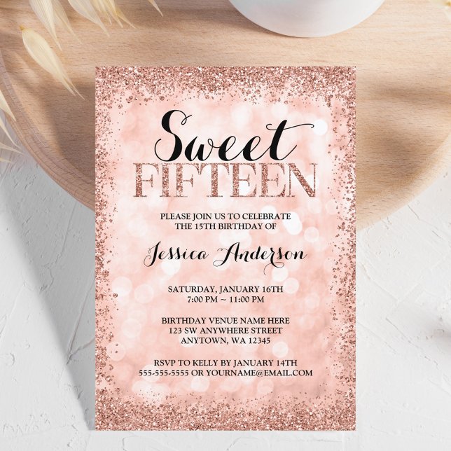 Rose Gold Faux Glitter Lights Sweet 15 Quinceanera Invitation (Creator Uploaded)