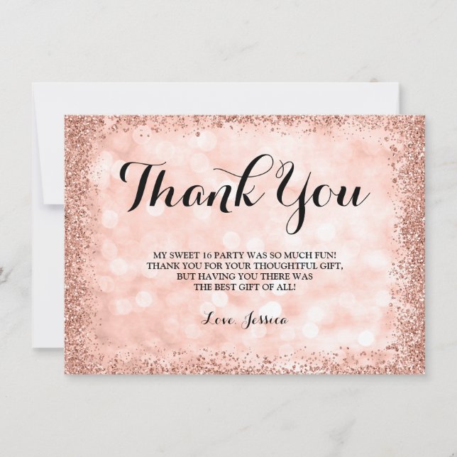 Rose Gold Faux Glitter Lights Sweet 16 Thank You Card (Front)