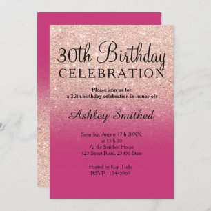 Rose gold faux glitter magenta ombre 30th birthday invitation