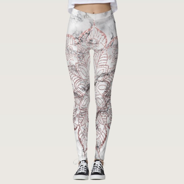 Rose Gold Faux Glitter Mandala on Bold Marble Leggings (Front)