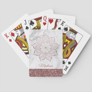 Rose Gold Faux Glitter Mandala on White Marble Playing Cards