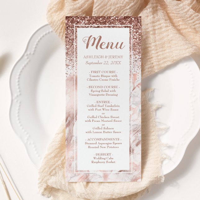 Rose Gold Faux Glitter Marble Script Wedding Menu (Creator Uploaded)