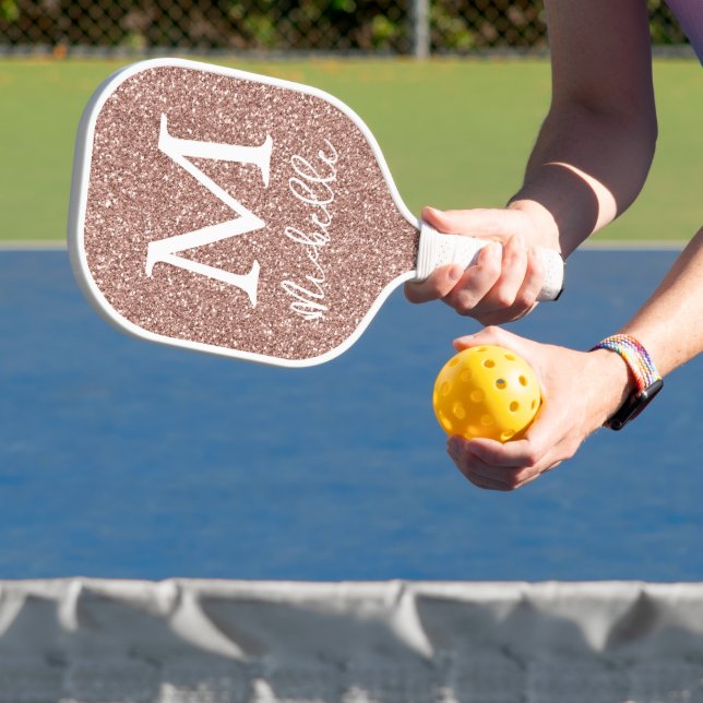 Rose Gold Faux Glitter Monogram Initial Name  Pickleball Paddle (Insitu)