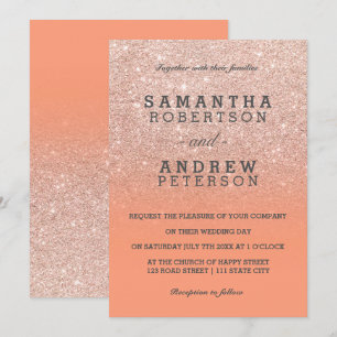 Rose gold faux glitter peach ombre wedding invitation