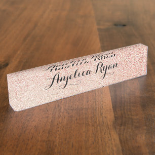 Rose Gold Faux Glitter Personalized Black Script Nameplate