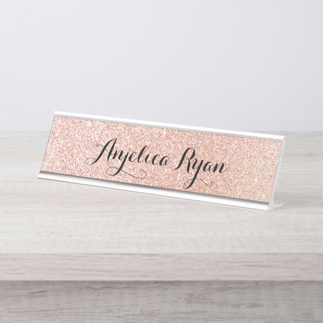 Rose Gold Faux Glitter Personalized Script Name Desk Name Plate (Front)
