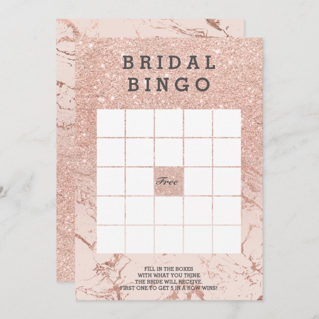 Rose gold faux glitter pink bridal marble bingo invitation (Front/Back)