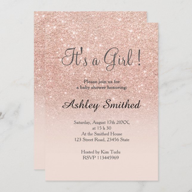 Rose gold faux glitter pink girl baby shower back invitation (Front/Back)