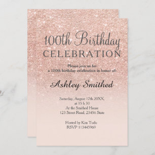 Rose gold faux glitter pink ombre 100th birthday invitation
