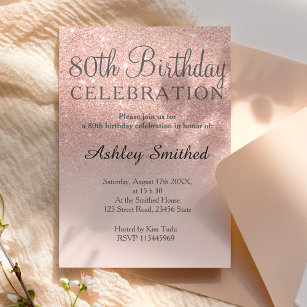 Rose gold faux glitter pink ombre 80th birthday invitation
