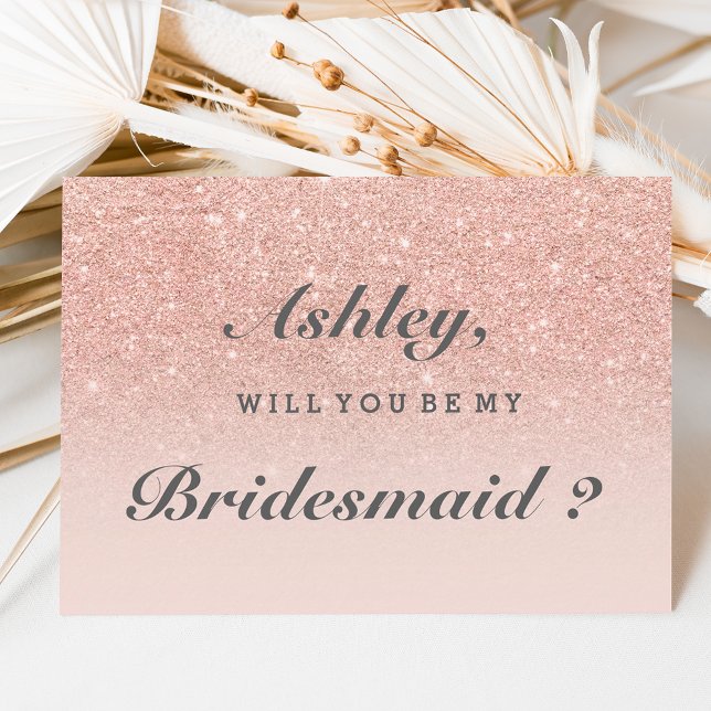 Rose gold faux glitter pink ombre be my bridesmaid invitation (Creator Uploaded)