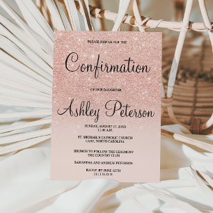 Rose gold faux glitter pink ombre confirmation invitation