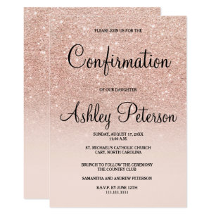 Rose gold faux glitter pink ombre confirmation invitation