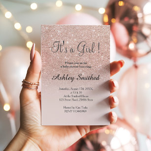Rose gold faux glitter pink ombre girl baby shower invitation