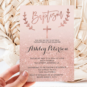 Rose gold faux glitter pink ombre girly  baptism invitation