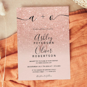 Rose gold faux glitter pink ombre wedding invitati invitation