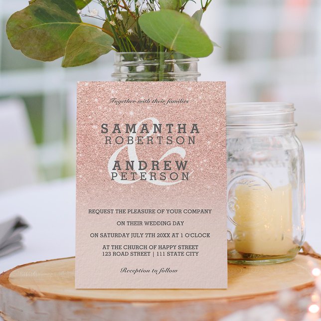 Rose gold faux glitter pink ombre wedding luxe invitation (Creator Uploaded)