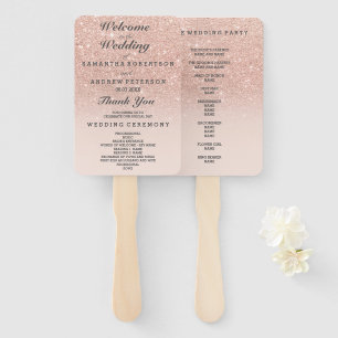 Rose gold faux glitter pink ombre wedding program hand fan