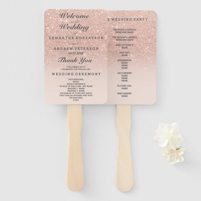 Rose gold faux glitter pink ombre wedding program hand fan (Front and Back)