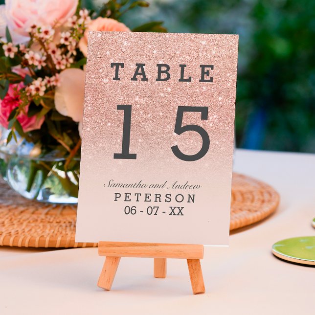 Rose gold faux glitter pink ombre wedding table number (Creator Uploaded)