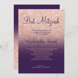 Rose gold faux glitter purple ombre Bat Mitzvah Invitation
