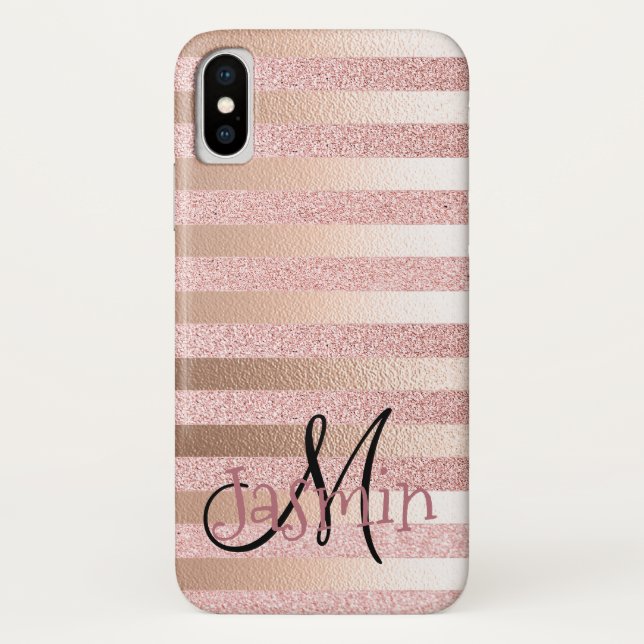 Rose Gold Faux Glitter& Rose Gold Foil Stripes Case-Mate iPhone Case (Back)