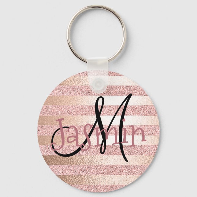 Rose Gold Faux Glitter& Rose Gold Foil Stripes Key Ring (Front)