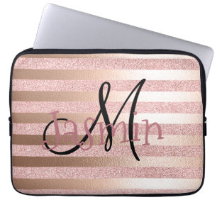 Rose Gold Faux Glitter& Rose Gold Foil Stripes Laptop Sleeve